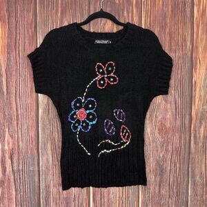 Forla Paris Sweater Womens Medium Wool Blend Black Embroidered Whimsy Gremlin